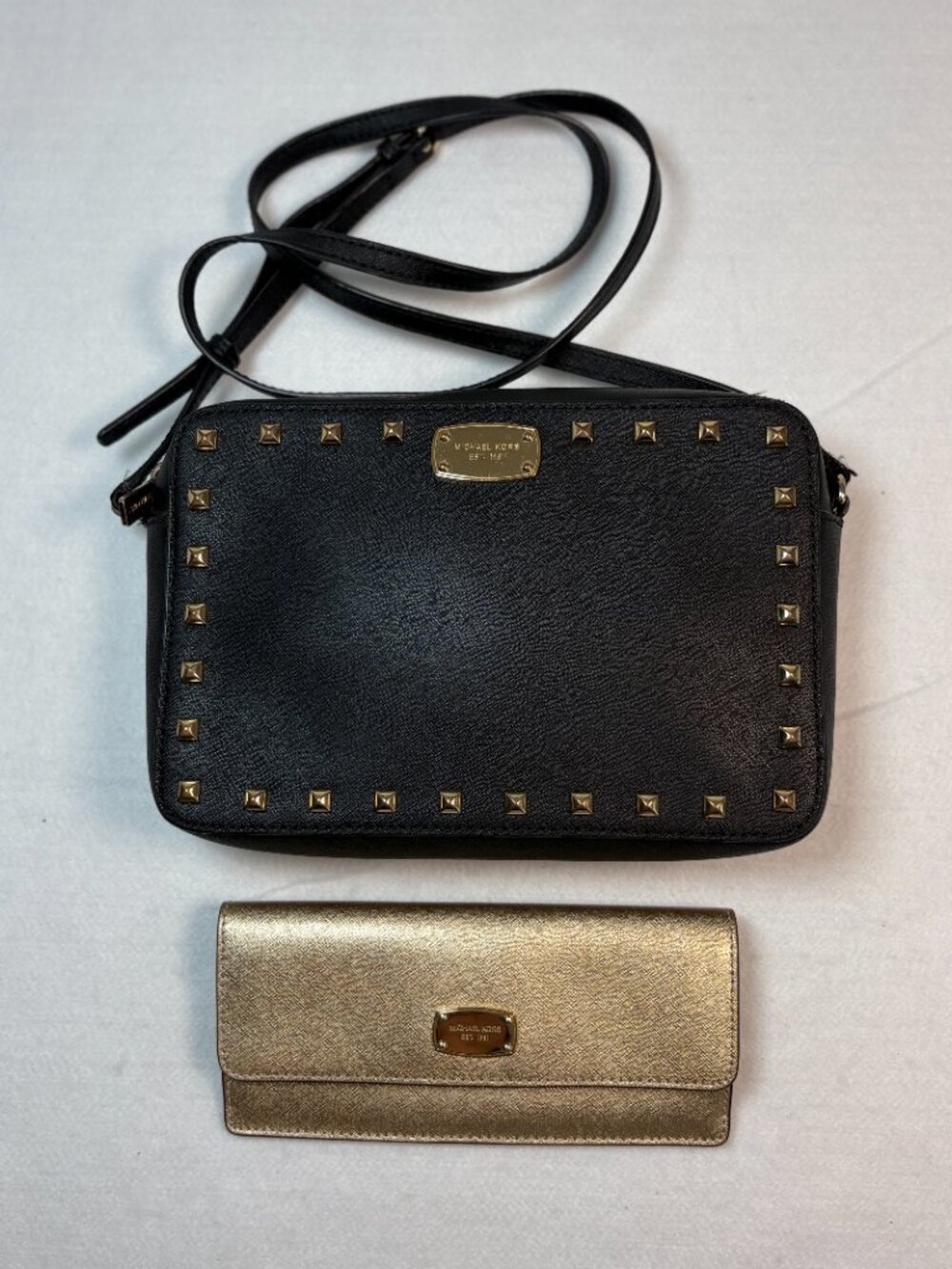 Michael Kors Sandrine Studded Crossbody Bag + Gold Wallet Edgy Streetstyle Chic
